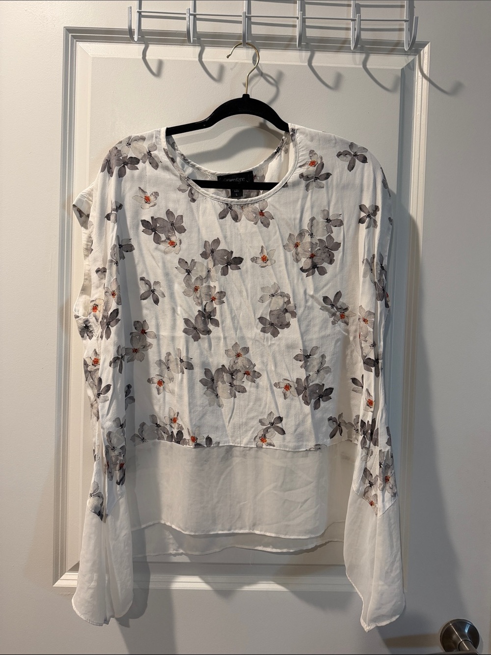 Karen Kane White Floral Blouse with Gray and Orange Accents
